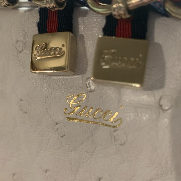 Gucci White Ostrich Leather Capri Bowler Handbag Signature Stripe Gold Hardware - Picture 4 of 16